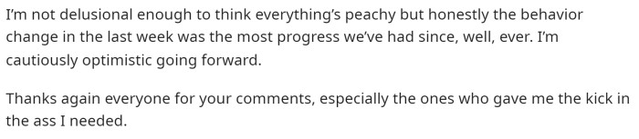 He concludes the post by expressing that he knows things aren't perfect but is thankful for everyone on the post who gave him the push he needed.