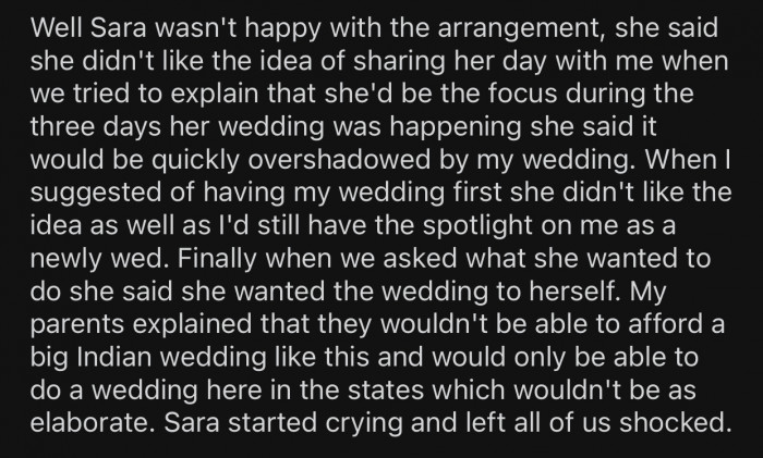 OP's sister-in-law, Sara, disapproved of their plan and wanted a wedding all to herself.