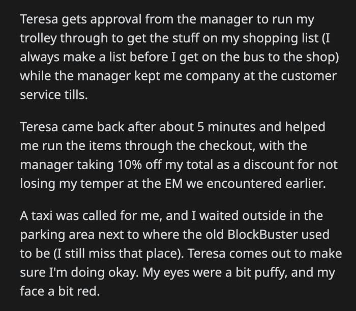 OP moved just as Lois's foot made contact with the metal pole, and they all heard a sickening crunch. The entitled shopper broke her foot.