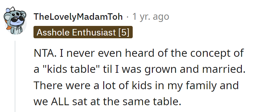 With a bunch of kids, everyone sat at the same table—no separate zones needed.