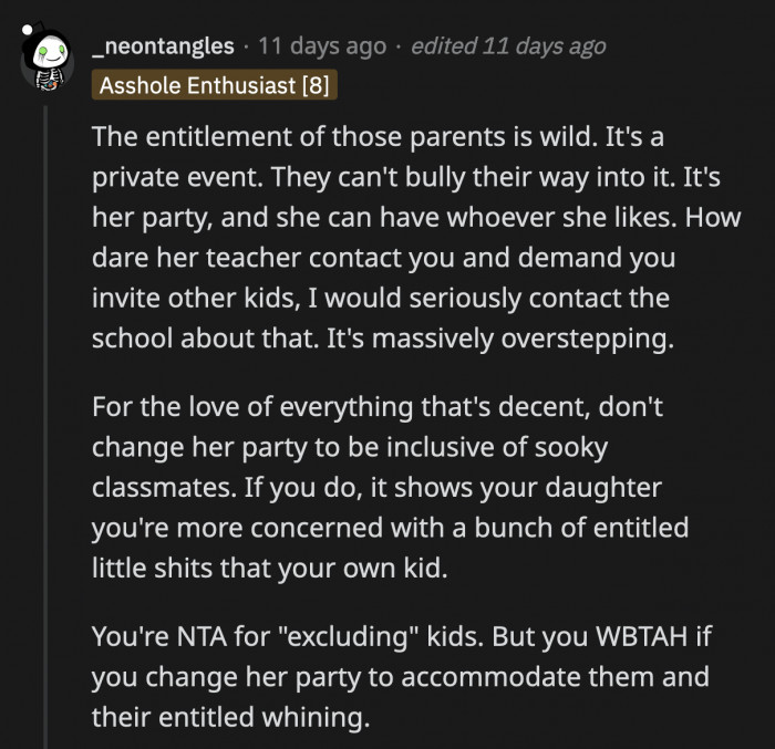 A commenter said that the only way OP would be the a**hole is if she gives in to the pressure, as this sends the message to her daughter that what others think is more important than one's comfort.