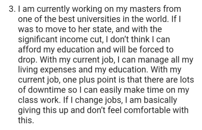 The OP is working his masters and has to give that up if he married her