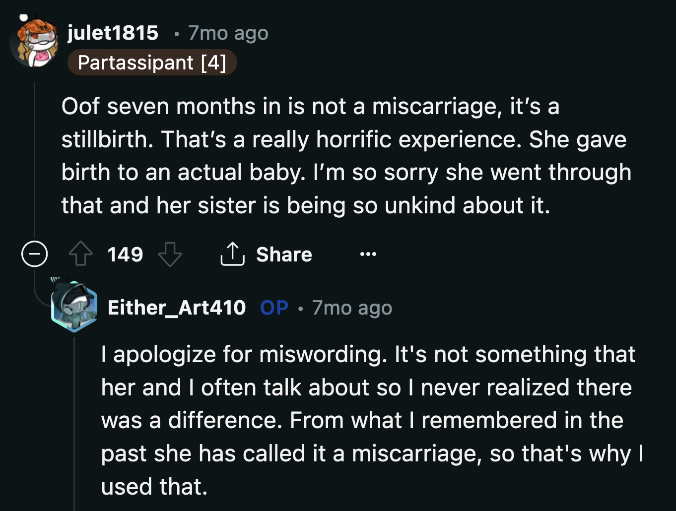 Redditors corrected OP's misuse of the word miscarriage in his post.