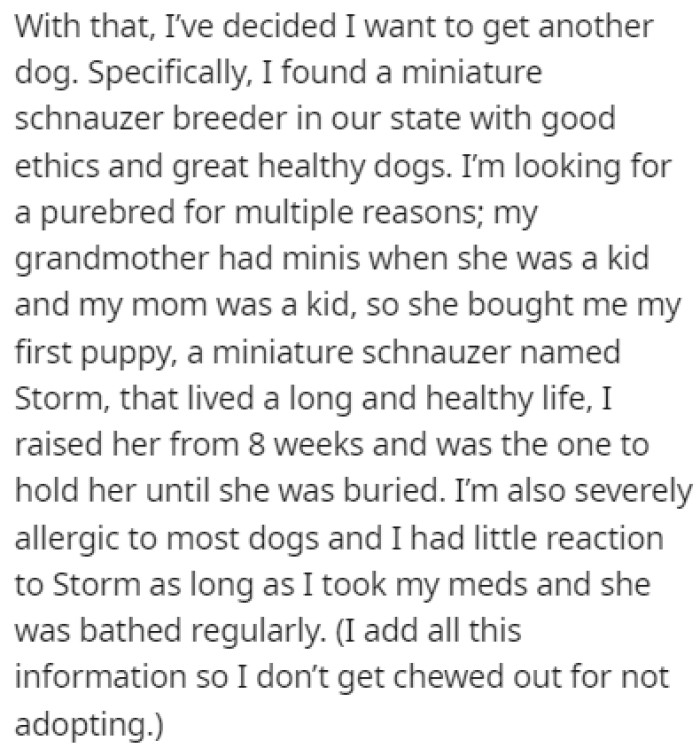 OP decided that she wants to get another dog, specifically a schnauzer