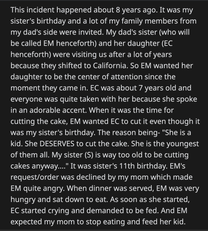 OP's sister gave their cousin some of the chocolates and proceeded to open more gifts.