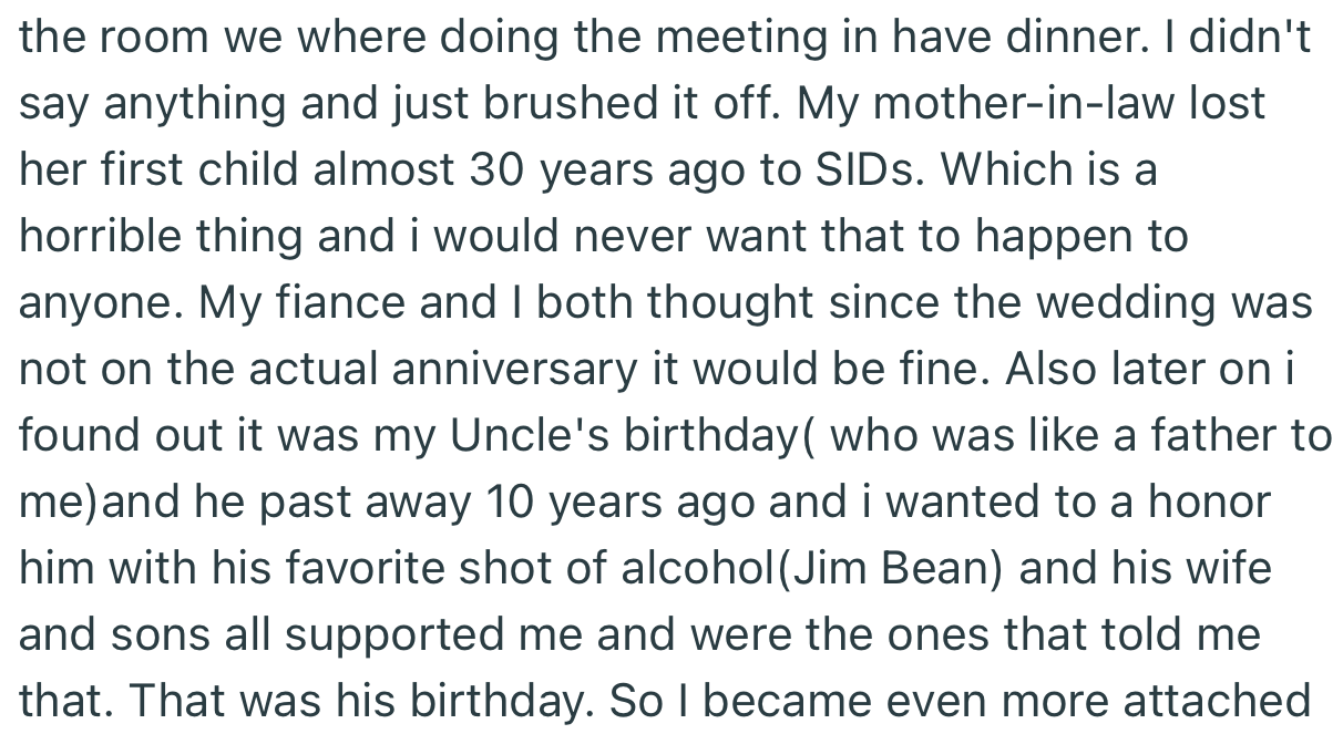 Apparently, OP’s MIL lost her first child 30 years ago, around that time. But it was not on the exact same date of OP’s wedding