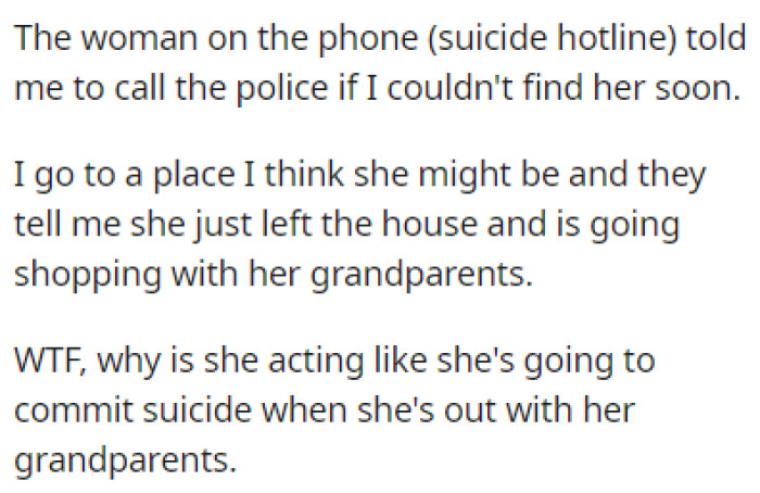 OP Found Out That She Went Shopping with Her Grandparents, Just Moments After Threatening to Commit Suicide