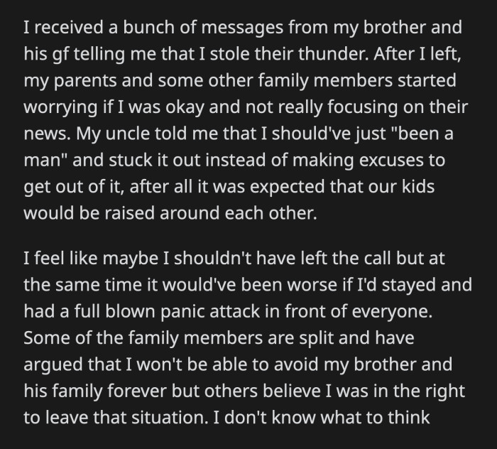 Their family is split. One of the uncle's admonished OP for not sticking it out. Was OP wrong for leaving the call?