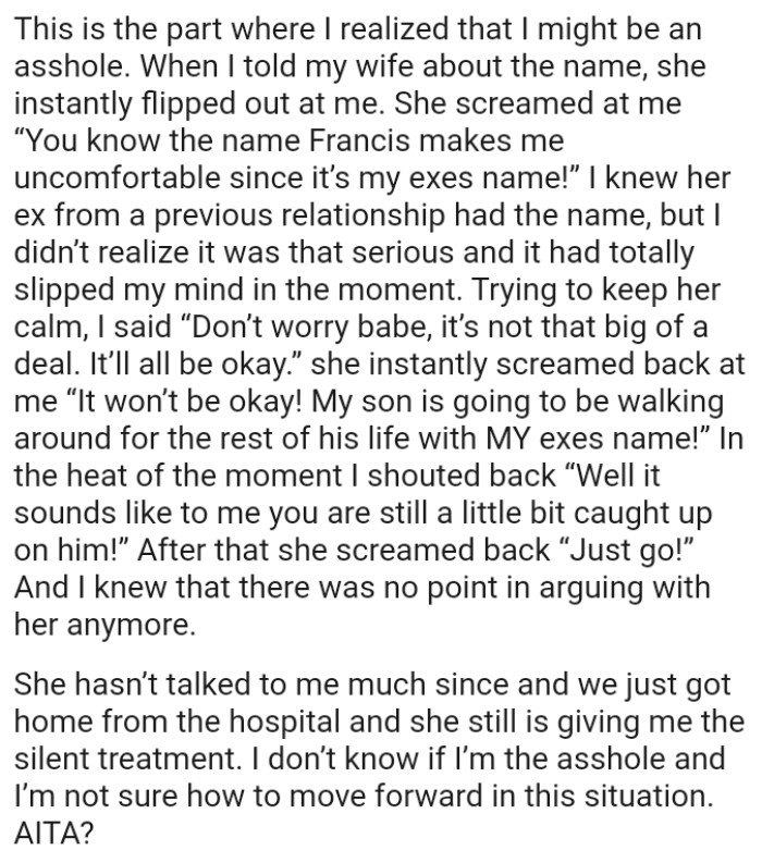 “It won’t be okay! My son is going to be walking around for the rest of his life with MY ex's name!”