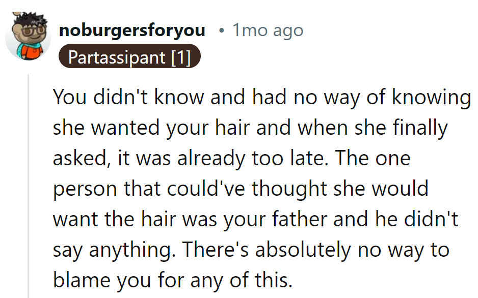 Dad's the missing link in this hair-raising tale; she's no mind-reader! Hair today, gone tomorrow.