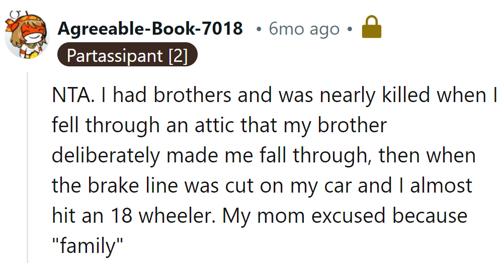 Definitely NTA. Family doesn't come with a free pass for attempted murder.