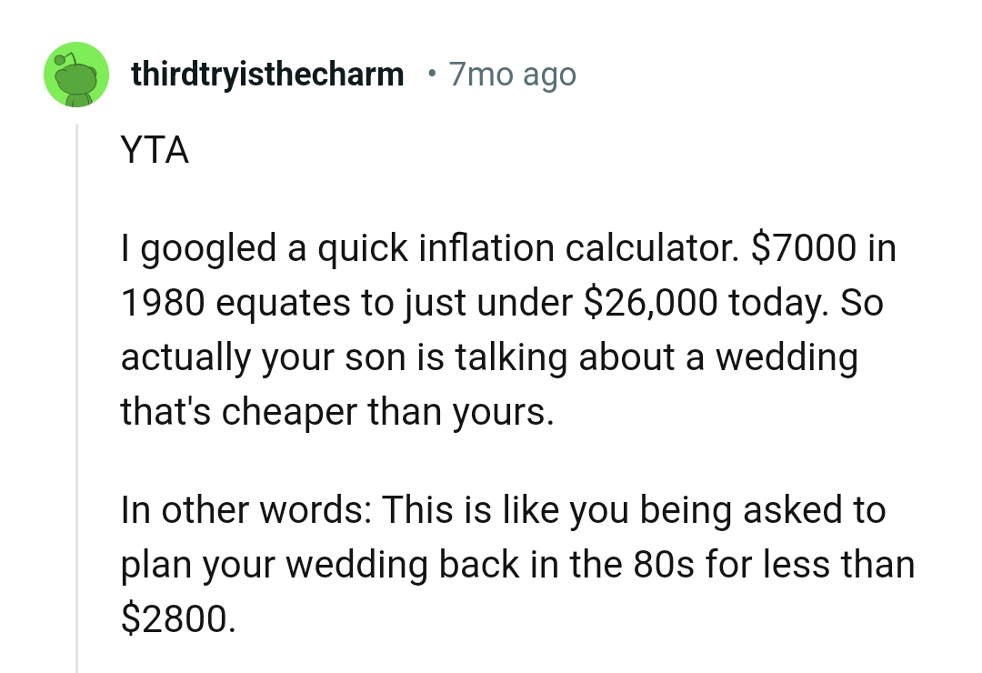OP's son is talking about a wedding that is cheaper than his