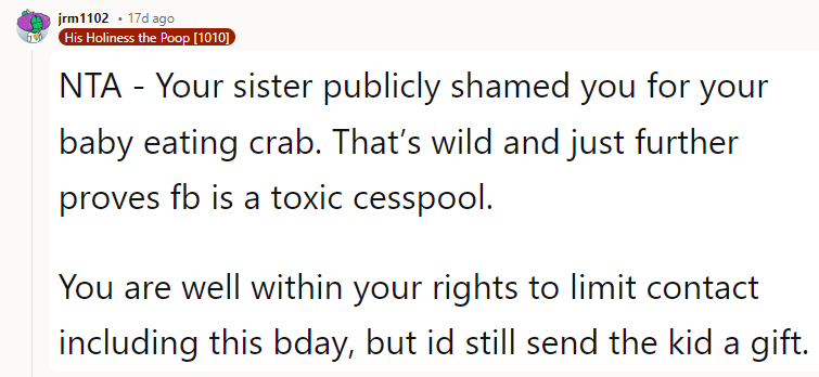 NTA - Your sister publicly shamed you for your baby eating crab