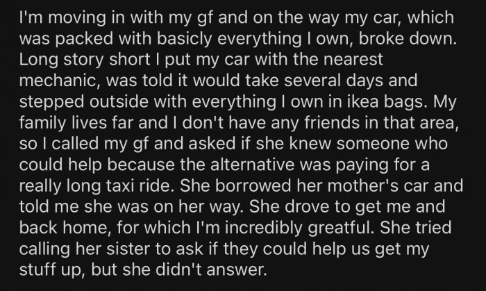 OP's girlfriend borrowed her parents' car to pick him up after getting stranded.
