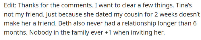 In response to comments, OP clarifies that Tina is not a friend but had a brief relationship with the cousin for two weeks.