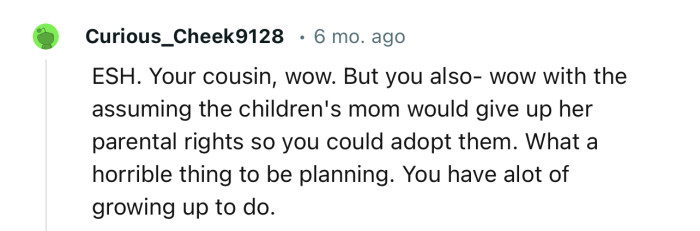ESH. Your cousin, wow. But you also for assuming the children's mom would give up her parental rights.”