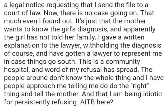 The OP gave a written explanation to the lawyer, withholding the diagnosis of course