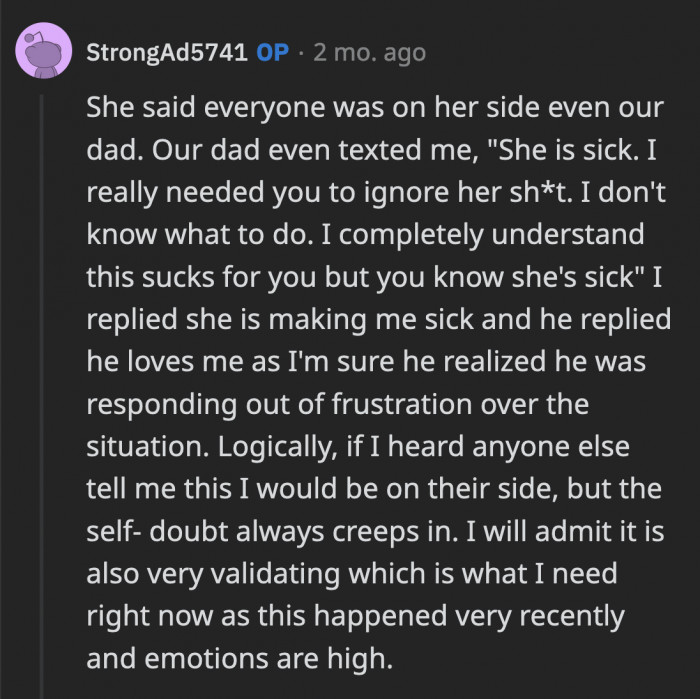 She then provided an explanation about where her parents, mostly her dad, stand in this situation