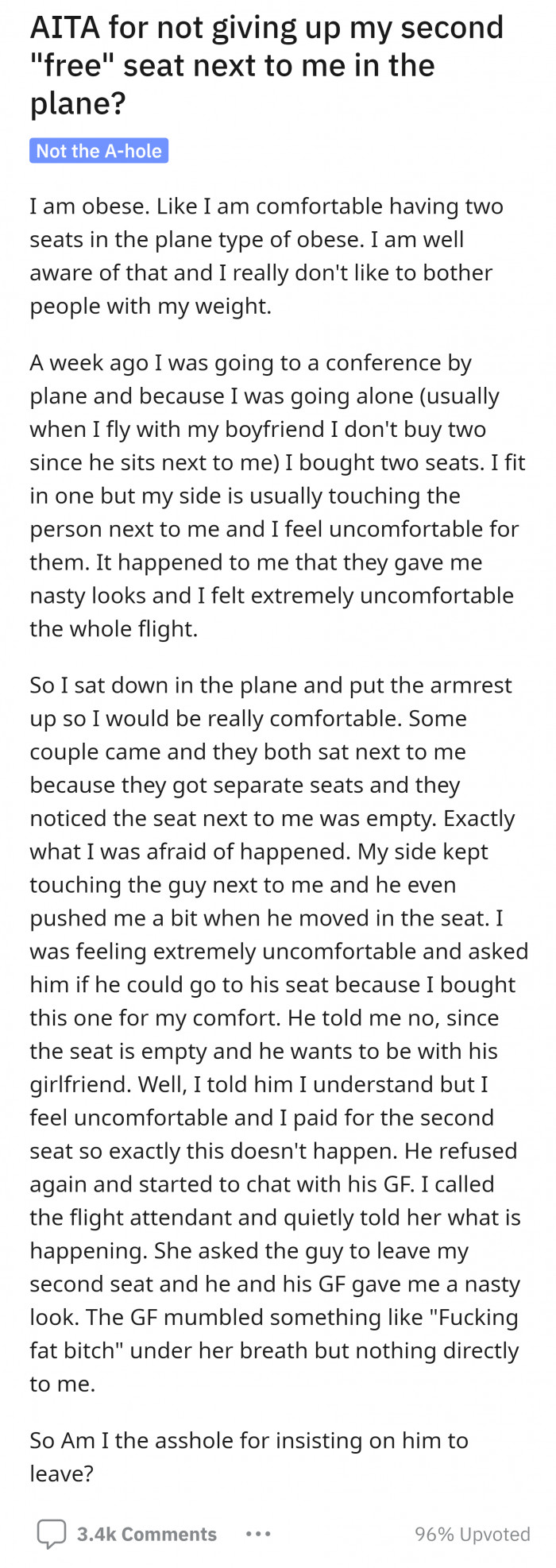 OP shared why she bought two seats for herself.