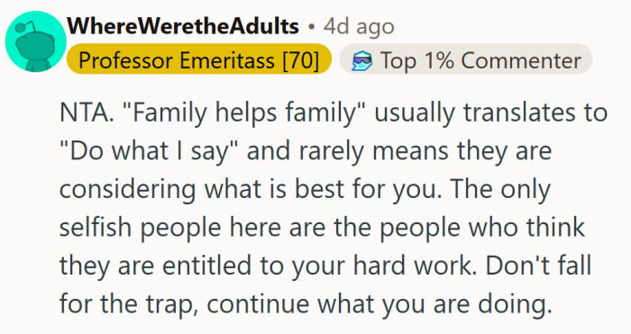 In family code, “help” can mean anything from emotional support to full financial surrender — read the fine print.