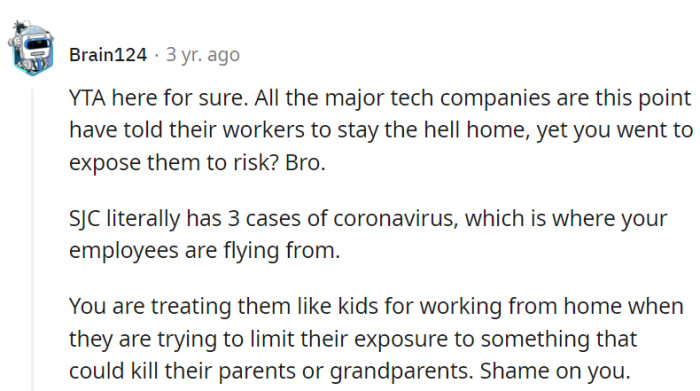 Their refusal to embrace remote work during a pandemic is as out of touch as using a fax machine in Silicon Valley, putting employees' health and families at risk.