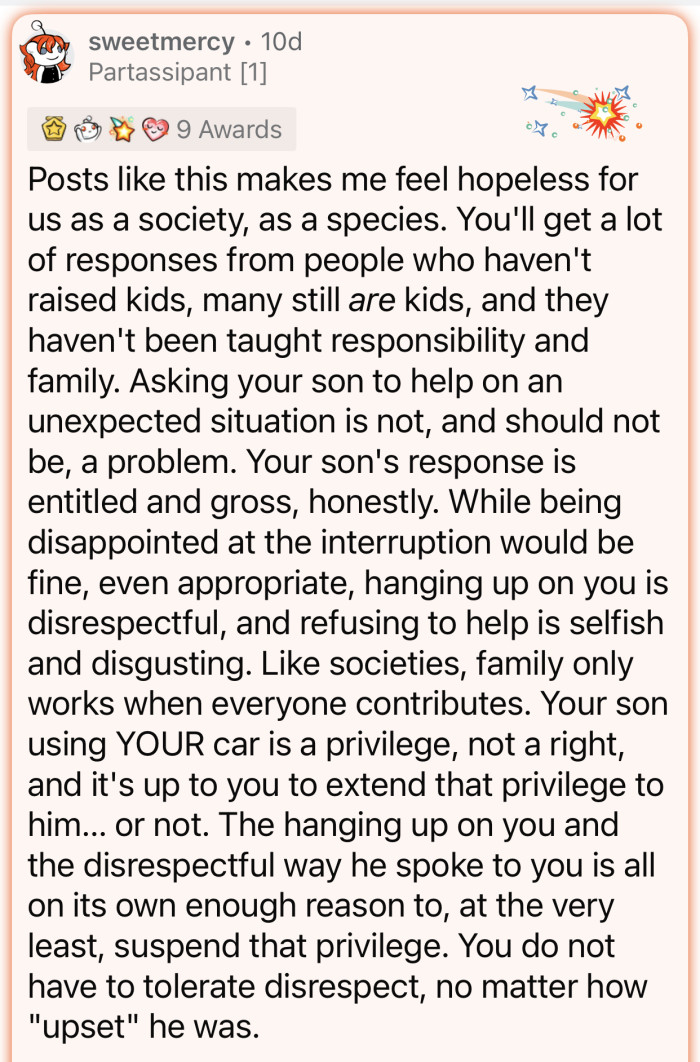 “Asking your son to help in an unexpected situation is not, and should not be, a problem.”