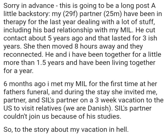 The OP and her partner have been in therapy for the last year dealing with a lot of issues, including his poor relationship with OP's MIL.