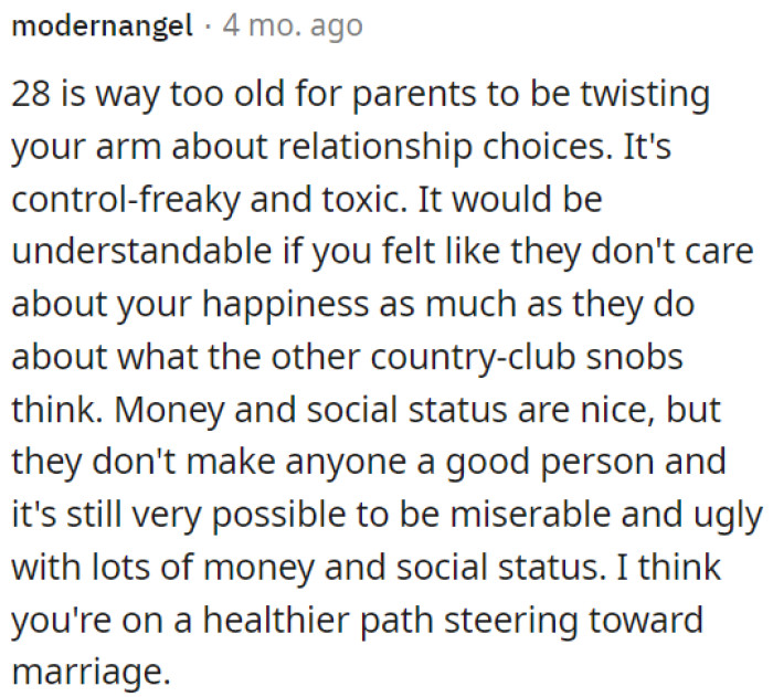 Money and status don't define a person's goodness, and pursuing a healthy path toward marriage is a better choice.