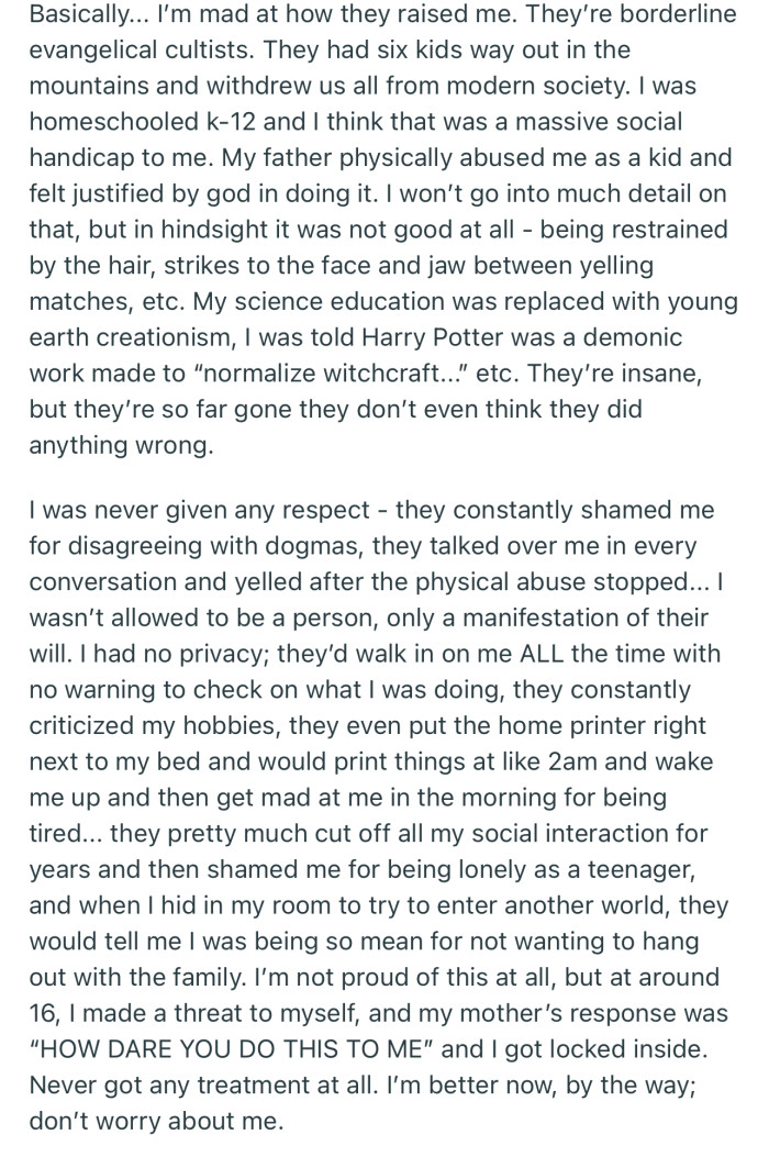 OP resents his parents for the abusive way they raised him