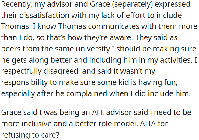 OP's advisor wants OP to get his co-worker more involved in activities, but OP disagrees, stating it's not his responsibility.