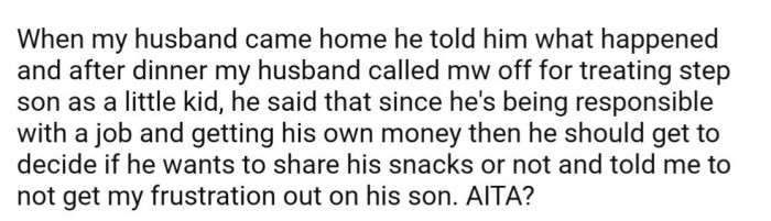 When OP's husband came home and heard about the ordeal, he backed up his son