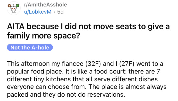 The OP asked if she was an a**hole for not moving seats for another family.