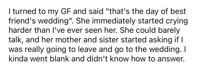 When the OP brought up the wedding to his GF, she began crying uncontrollably.