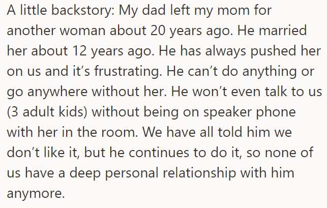 The OP said her father has always pushed his new wife on them, which they find frustrating: