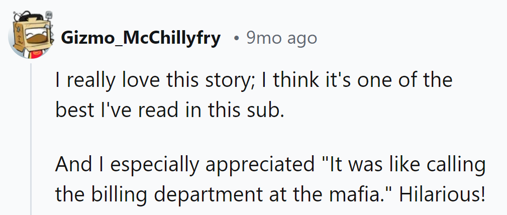 This commenter appreciated the comparison to a mafia-run billing department, finding it hilariously accurate.