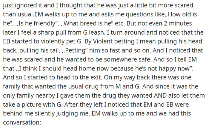 M politely entertained EM's questions, but when EB started treating G like a theme park ride, they swiftly decided it was time to exit, leaving EM and EB with their unspoken judgments.