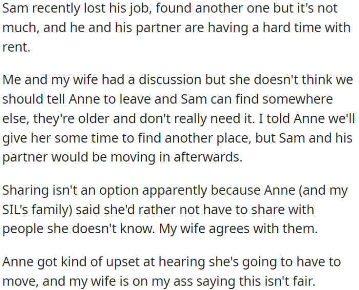 The problem arises when OP's nephew loses his job, prompting OP to offer his apartment to him, which leads to Anne needing to move out.