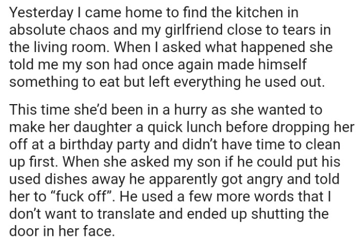 OP's son got angry when his girlfriend asked him if he could put his used dishes away.