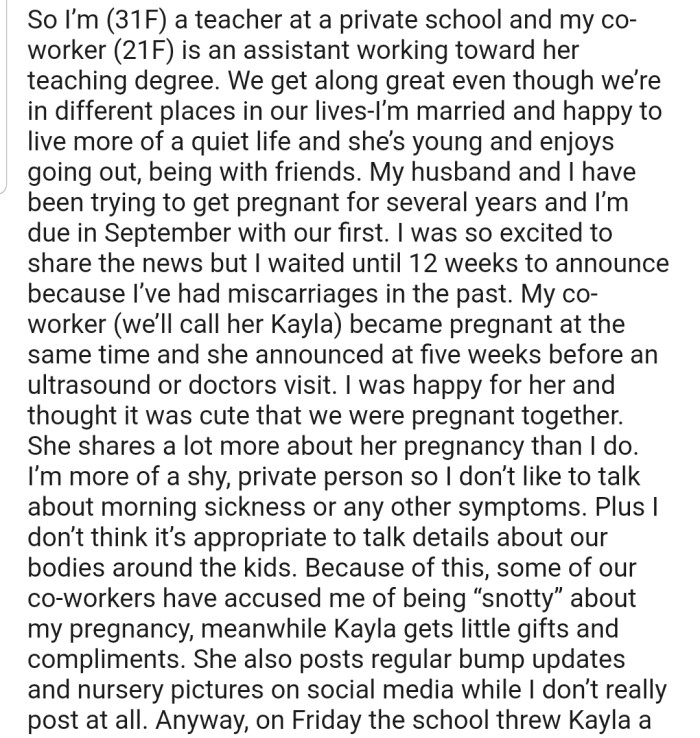 OP and her co-worker got pregnant around the same time. While OP likes to keep things private, her co-worker enjoys sharing her pregnancy journey with others