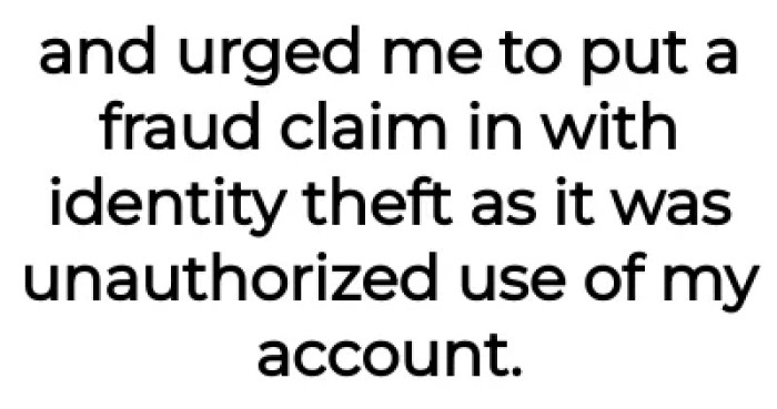 OP was urged to file a fraud claim because of the unauthorized use of her account.