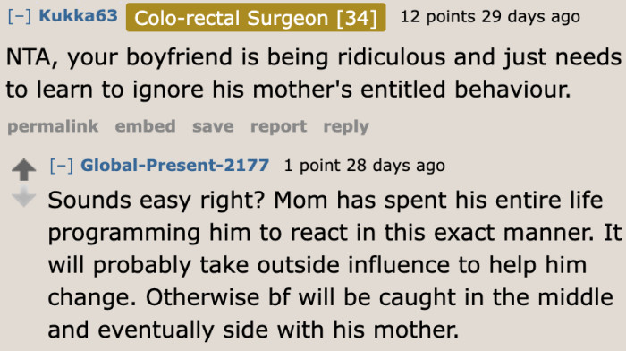 Time for the fiancé to recognize his mother's entitled behavior.