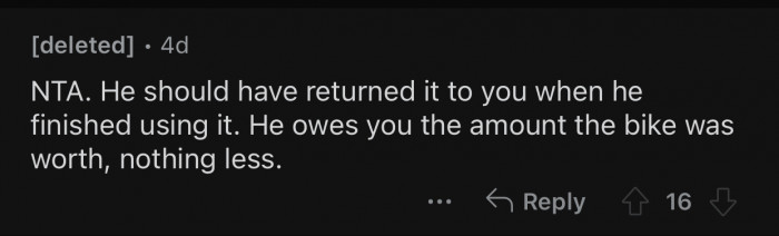 The boyfriend should have returned the bike sooner.