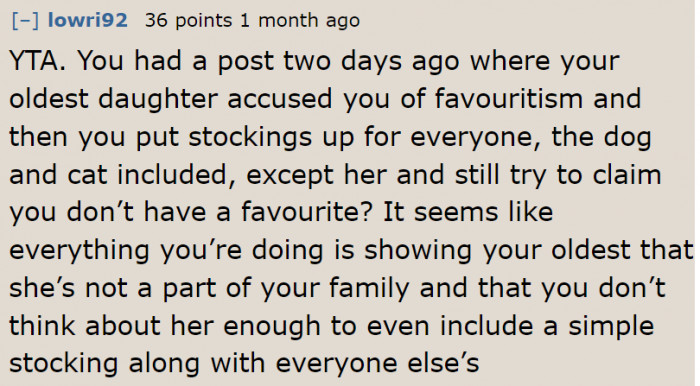 It's clear to Redditors that the OP has a favorite child.