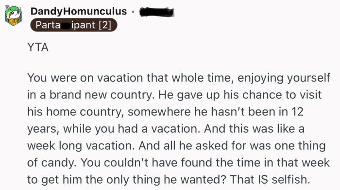 “YTA You were on vacation that whole time, enjoying yourself in a brand new country.”