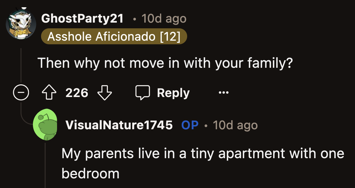 Paula's basement was their best offer at that moment because they couldn't move in with OP's parents.