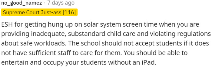 Both parties are at fault for focusing on screen time instead of addressing inadequate childcare