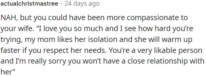 OP needs to express more compassion towards his wife and tell her that he loves her and recognizes her efforts.