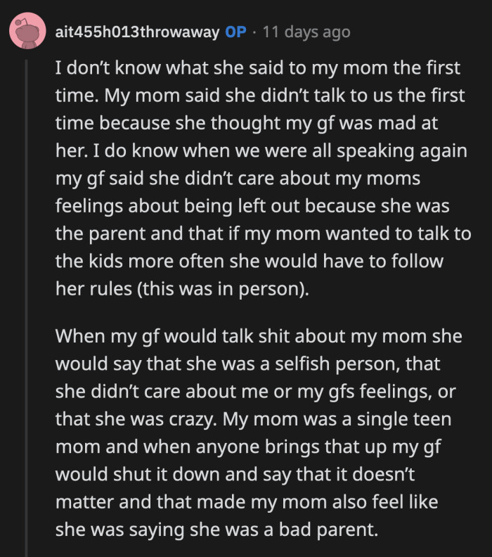 This would have been easier if OP's mom would just talk to his GF instead of trying to convince OP to be on her side.