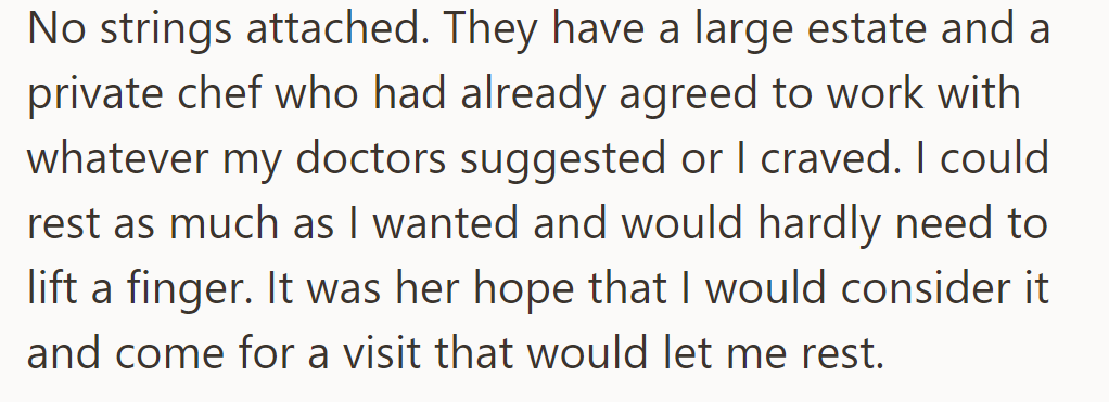 MIL's offer: Stay at their estate, no strings, chef accommodating, rest encouraged.