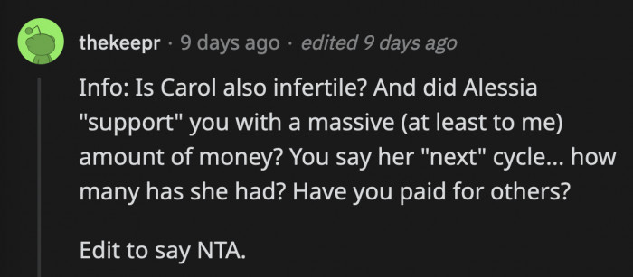 If Alessia's husband is calculating who is the better friend, he should factor in OP's generous no-strings-attached $12,000 check